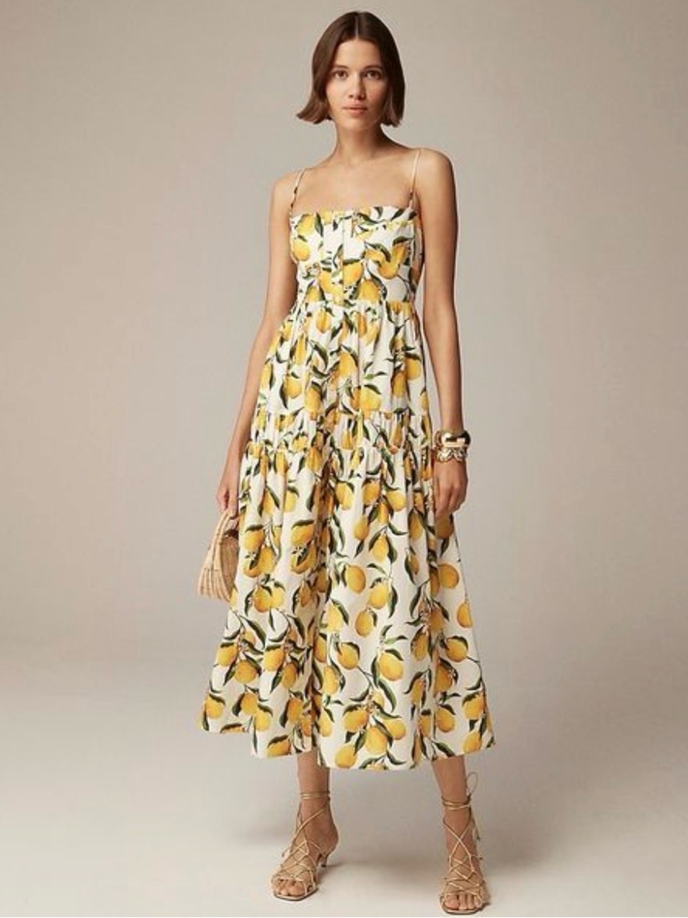 J.Crew Smocked Tiered Midi Dress | Lemon Print | Size 10